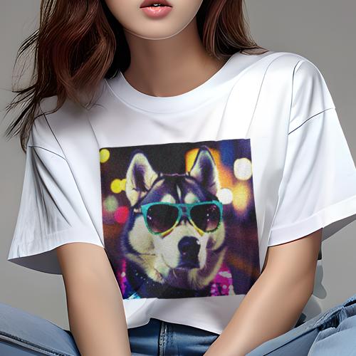 Tシャツ レディース 犬ファン 半袖 春夏 プリント カジュアル かわいい 人間用 フィットネス サングラス シベリアンハスキー ネオンサイン カラフルな背景