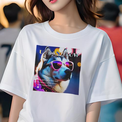 Tシャツ レディース 犬ファン 半袖 春夏 プリント カジュアル かわいい 人間用 フィットネス サングラス ハスキー ネオン 夜景 カラフル モダン Tシャツ レディース 犬ファン 半袖 春夏 プリント カジュアル かわいい 人間用 フィットネス サングラス ハスキー ネオン 夜景 カラフル モダン