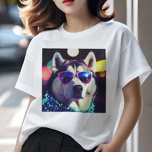 Tシャツ レディース 犬ファン 半袖 春夏 プリント カジュアル かわいい 人間用 フィットネス サングラス シベリアンハスキー ビーズネックレス 夜 パーティー カラフル Tシャツ レディース 犬ファン 半袖 春夏 プリント カジュアル かわいい 人間用 フィットネス サングラス シベリアンハスキー ビーズネックレス 夜 パーティー カラフル
