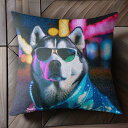 サングラス シベリアンハスキー ネオン コート 夜景 クッションカバー 45×45cm アニマル柄 おしゃれ 可愛い クッション本体付き 正方形