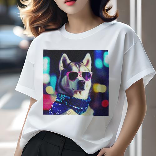 Tシャツ レディース 犬ファン 半袖 春夏 プリント カジュアル かわいい 人間用 フィットネス サングラス シベリアンハスキー スカーフ ネオン 夜景 Tシャツ レディース 犬ファン 半袖 春夏 プリント カジュアル かわいい 人間用 フィットネス サングラス シベリアンハスキー スカーフ ネオン 夜景