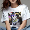 Tシャツ レディース 犬ファン 半袖 春夏 プリント カジュアル かわいい 人間用 フィットネス サングラス シベリアンハスキー キラキラ 夜 イルミネーション スパンコール