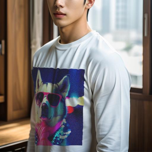 長袖Tシャツ 人間用 メンズ 秋春夏 プリント レジャー アウトドア カジュアル かわいい サングラス シベリアンハスキー スカーフ ネオン 煌びやか
