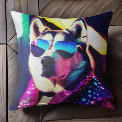 サングラス シベリアンハスキー 派手な服 ネオン 夜 クッションカバー 45×45cm アニマル柄 おしゃれ 可..