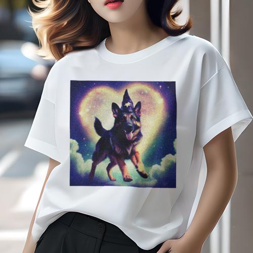 Tシャツ レディース 犬ファン 半袖 春夏 プリント カジュアル かわいい 人間用 フィットネス 魔法の帽子 ジャーマンシェパードドッグ ハート 星空 雲 Tシャツ レディース 犬ファン 半袖 春夏 プリント カジュアル かわいい 人間用 フィットネス 魔法の帽子 ジャーマンシェパードドッグ ハート 星空 雲