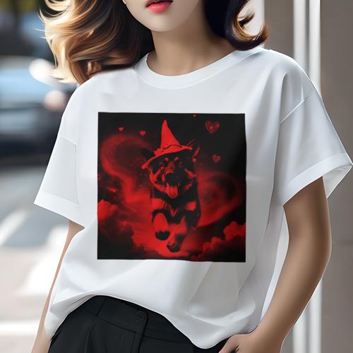 Tシャツ レディース 犬ファン 半袖 春夏 プリント カジュアル かわいい 人間用 フィットネス 魔法使いの帽子 ジャーマンシェパードドッグ ハート 星 雲(4)