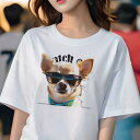 Tシャツ レディース 犬ファン 半袖 春夏 プリント カジュアル かわいい 人間用 フィットネス サングラス チワワ 青い首輪