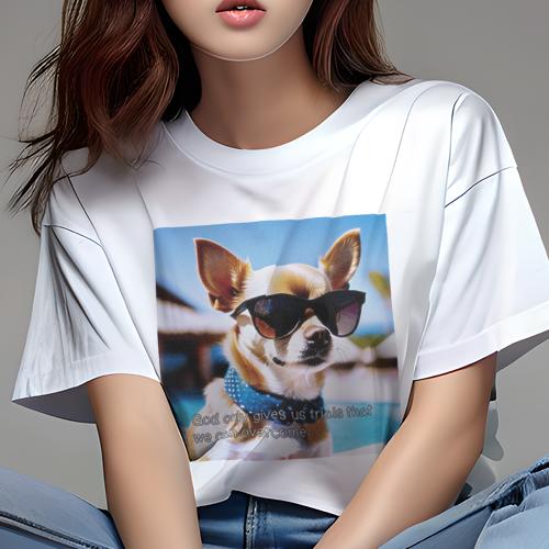 Tシャツ レディース 犬ファン 半袖 春夏 プリント カジュアル かわいい 人間用 フィットネス サングラス チワワ プール 青い襟