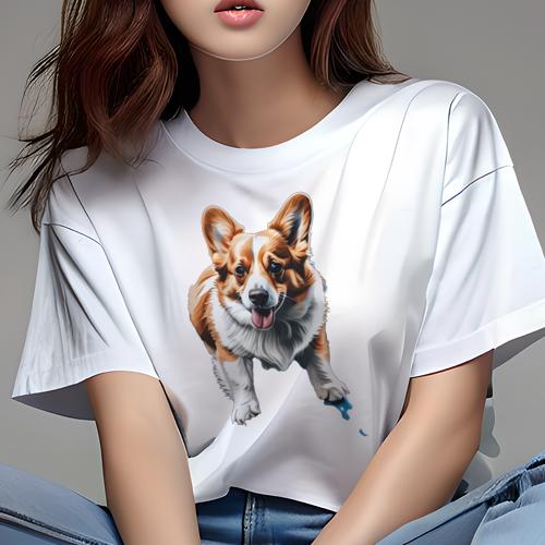 Tシャツ レディース 犬ファン 半袖 春夏 プリント カジュアル かわいい 人間用 フィットネス 笑顔 コーギー 走る犬 青いおもちゃのサムネイル