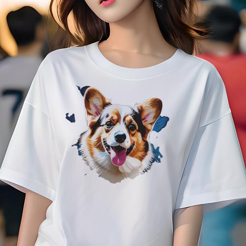 Tシャツ レディース 犬ファン 半袖 春夏 プリント カジュアル かわいい 人間用 フィットネス アート コーギー カラフル 青い羽(4)