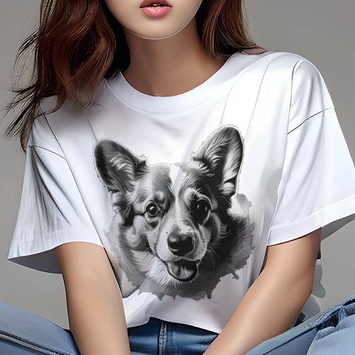 Tシャツ レディース 犬ファン 半袖 春夏 プリント カジュアル かわいい 人間用 フィットネス 白黒 コーギー イラスト 犬 顔