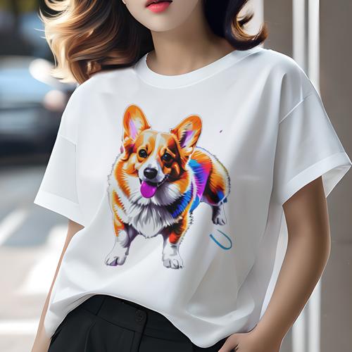 Tシャツ レディース 犬ファン 半袖 春夏 プリント カジュアル かわいい 人間用 フィットネス 色鮮やか コーギー アート ポップアート ハッピー カラフル