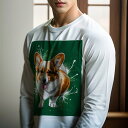 長袖Tシャツ 人間用 メンズ 秋春夏 プリント レジャー アウトドア カジュアル かわいい アート コーギー スプラッシュ ポップアート