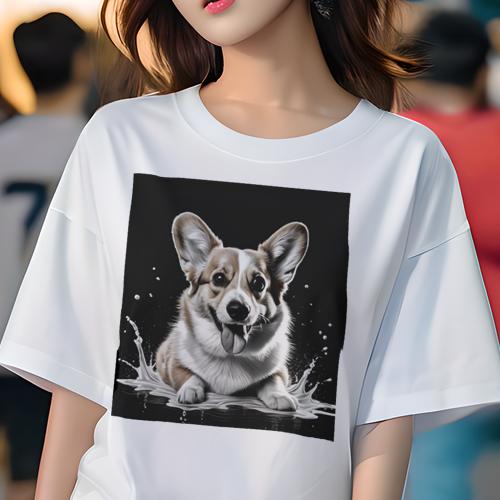 Tシャツ レディース 犬ファン 半袖 春夏 プリント カジュアル かわいい 人間用 フィットネス 水しぶき コーギー 黒い背景 白い毛 Tシャツ レディース 犬ファン 半袖 春夏 プリント カジュアル かわいい 人間用 フィットネス 水しぶき コーギー 黒い背景 白い毛