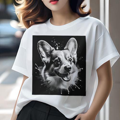Tシャツ レディース 犬ファン 半袖 春夏 プリント カジュアル かわいい 人間用 フィットネス スプラッシュアート コーギー 白黒デザイン 犬のイラスト