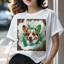 Tシャツ レディース 犬ファン 半袖 春夏 プリント カジュアル かわいい 人間用 フィットネス スプラッシュ コーギー アート カラフル(4)