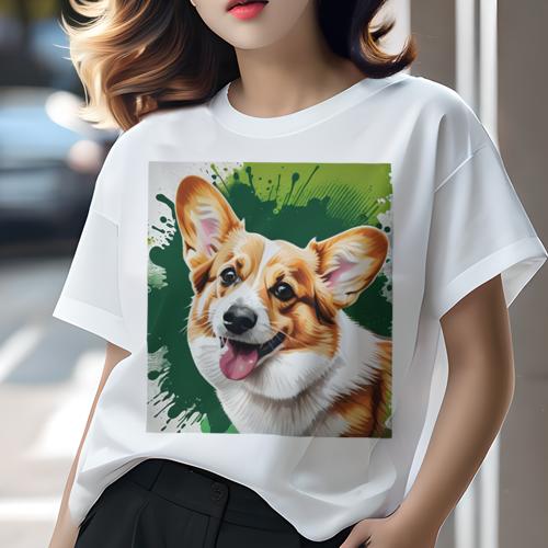 Tシャツ レディース 犬ファン 半袖 春夏 プリント カジュアル かわいい 人間用 フィットネス アート ウェルシュコーギー イラスト 緑の背景 Tシャツ レディース 犬ファン 半袖 春夏 プリント カジュアル かわいい 人間用 フィットネス アート ウェルシュコーギー イラスト 緑の背景