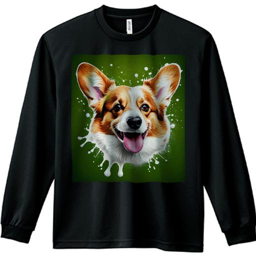 長袖Tシャツ 人間用 メンズ 秋春夏 プリント レジャー アウトドア カジュアル かわいい スプラッシュアート コーギー 緑の背景 ポップアート