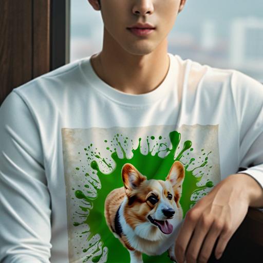 長袖Tシャツ 人間用 メンズ 秋春夏 プリント レジャー アウトドア カジュアル かわいい 緑色 ウェルシュコーギー スプラッシュ 絵画風