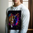 長袖Tシャツ 人間用 メンズ 秋春夏 プリント レジャー アウトドア カジュアル かわいい ペイントスプラッシュ コーギー カラフル