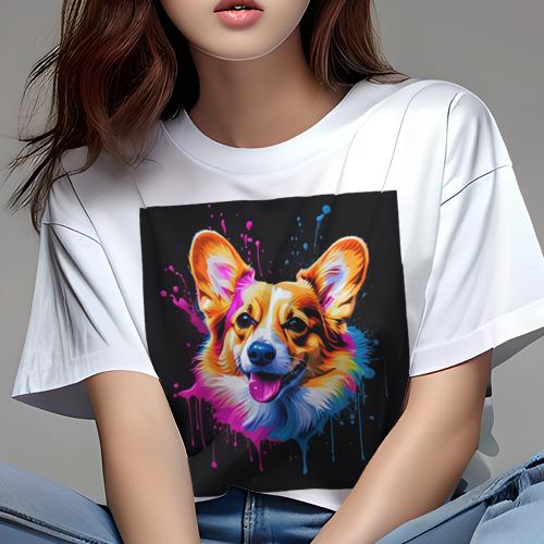 Tシャツ レディース 犬ファン 半袖 春夏 プリント カジュアル かわいい 人間用 フィットネス アート コーギー カラフル スプラッシュ ペイント ポップアート(4)
