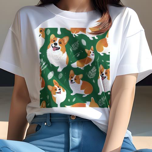 Tシャツ レディース 犬ファン 半袖 春夏 プリント カジュアル かわいい 人間用 フィットネス 葉 コーギー 緑の背景 犬のイラスト Tシャツ レディース 犬ファン 半袖 春夏 プリント カジュアル かわいい 人間用 フィットネス 葉 コーギー 緑の背景 犬のイラスト