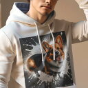 パーカー メンズ 秋春夏 プリント フード付き ポケット無し カジュアル かわいい 人間用 スプラッシュ コーギー アート(4)