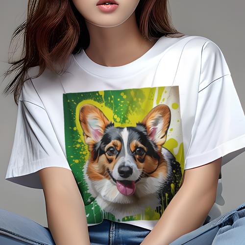 Tシャツ レディース 犬ファン 半袖 春夏 プリント カジュアル かわいい 人間用 フィットネス グラフィックデザイン コーギー ポップアート カラフル(4)