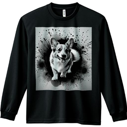 長袖Tシャツ 人間用 メンズ 秋春夏 プリント レジャー アウトドア カジュアル かわいい インクスプラッシュ コーギー モノクロ