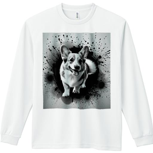 長袖Tシャツ 人間用 メンズ 秋春夏 プリント レジャー アウトドア カジュアル かわいい インクスプラッシュ コーギー モノクロ
