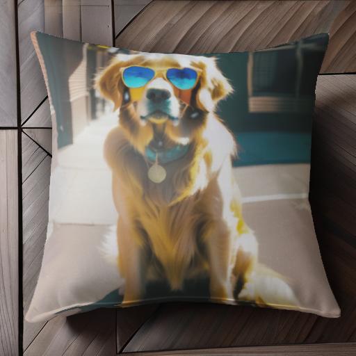 サングラス ゴールデンレトリバー 首輪 歩道 レンガの建物 クッションカバー 45×45cm アニマル柄 おし..