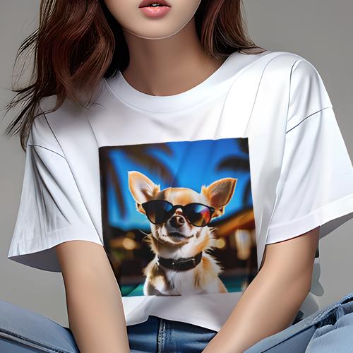 Tシャツ レディース 犬ファン 半袖 春夏 プリント カジュアル かわいい 人間用 フィットネス サングラス チワワ プール ヤシの木 リゾート Tシャツ レディース 犬ファン 半袖 春夏 プリント カジュアル かわいい 人間用 フィットネス サングラス チワワ プール ヤシの木 リゾート