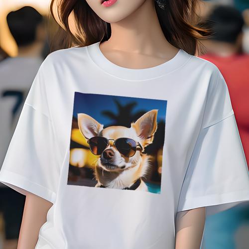 Tシャツ レディース 犬ファン 半袖 春夏 プリント カジュアル かわいい 人間用 フィットネス サングラス チワワ ヤシの木 夜 Tシャツ レディース 犬ファン 半袖 春夏 プリント カジュアル かわいい 人間用 フィットネス サングラス チワワ ヤシの木 夜