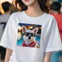 Tシャツ レディース 犬ファン 半袖 春夏 プリント カジュアル かわいい 人間用 フィットネス サングラス チワワ バンダナ(4)