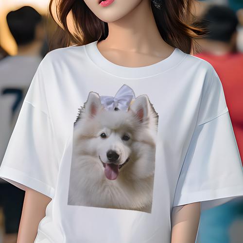 Tシャツ レディース 犬ファン 半袖 春夏 プリント カジュアル かわいい 人間用 フィットネス リボン サモエド