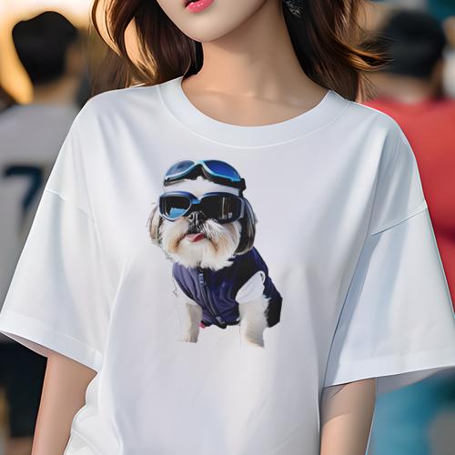 Tシャツ レディース 犬ファン 半袖 春夏 プリント カジュアル かわいい 人間用 フィットネス サングラス シーズー ドッグウェア 犬用ゴーグル