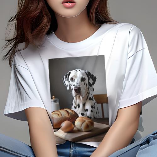 楽天フロントップ楽天市場店Tシャツ レディース 犬ファン 半袖 春夏 プリント カジュアル かわいい 人間用 フィットネス パン ダルメシアン 卵 牛乳