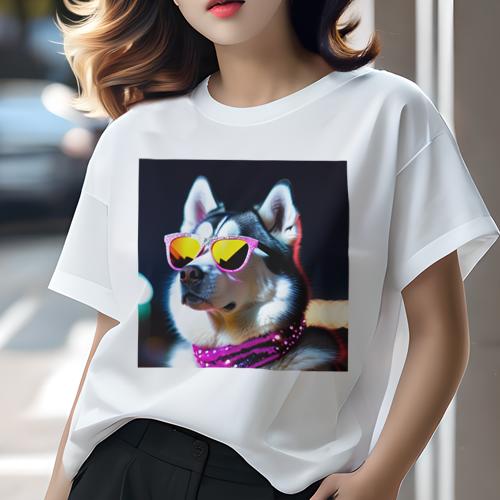 Tシャツ レディース 犬ファン 半袖 春夏 プリント カジュアル かわいい 人間用 フィットネス サングラス シベリアンハスキー ネオン