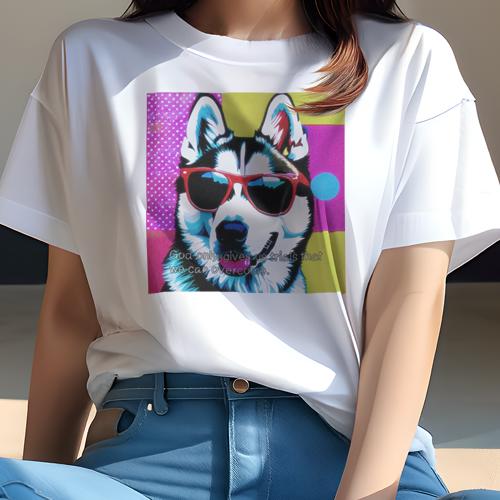 Tシャツ レディース 犬ファン 半袖 春夏 プリント カジュアル かわいい 人間用 フィットネス サングラス シベリアンハスキー ポップアート
