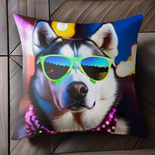サングラス シベリアンハスキー ネオン クッションカバー 45×45cm アニマル柄 おしゃれ 可愛い クッション本体付き 正方形