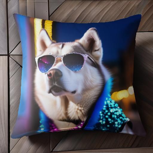 サングラス シベリアンハスキー ライト ネオン クッションカバー 45×45cm アニマル柄 おしゃれ 可愛い ..