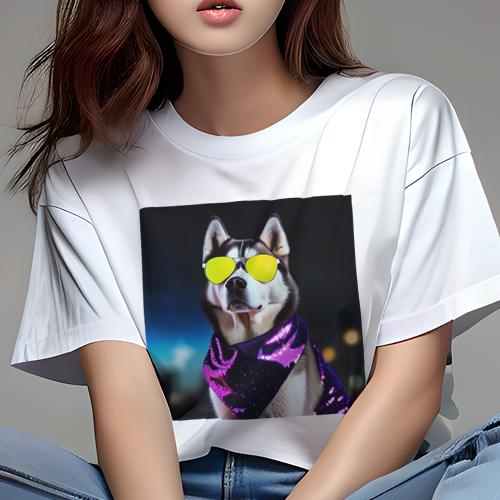 Tシャツ レディース 犬ファン 半袖 春夏 プリント カジュアル かわいい 人間用 フィットネス サングラス シベリアンハスキー スカーフ(4)
