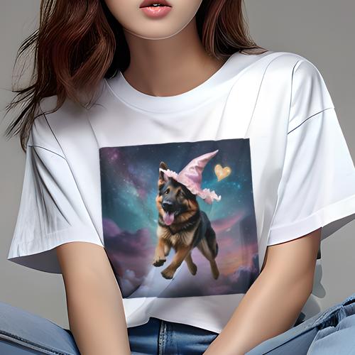 Tシャツ レディース 犬ファン 半袖 春夏 プリント カジュアル かわいい 人間用 フィットネス 魔法使いの帽子 ジャーマンシェパード ハート 星空 雲