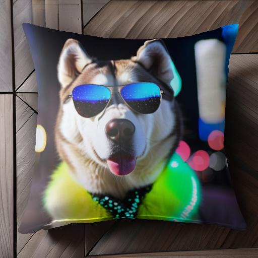 サングラス シベリアンハスキー ネオンカラー ライト クッションカバー 45×45cm アニマル柄 おしゃれ 可愛い クッション本体付き 正方形