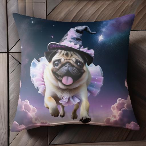 星空 パグ 雲 魔法使いの帽子 チュール クッションカバー 45×45cm アニマル柄 おしゃれ 可愛い クッシ..