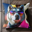 サングラス シベリアンハスキー ジャケット クッションカバー 45×45cm アニマル柄 おしゃれ 可愛い クッション本体付き 正方形