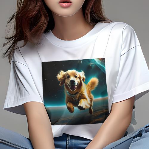 Tシャツ レディース 犬ファン 半袖 春夏 プリント カジュアル かわいい 人間用 フィットネス 宇宙 ゴールデンレトリバー スペース 星