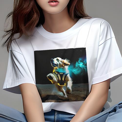 Tシャツ レディース 犬ファン 半袖 春夏 プリント カジュアル かわいい 人間用 フィットネス 宇宙 ゴールデンレトリバー スペース 星雲 宇宙服