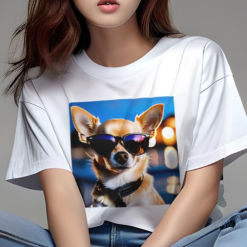 Tシャツ レディース 犬ファン 半袖 春夏 プリント カジュアル かわいい 人間用 フィットネス サングラス チワワ 首輪