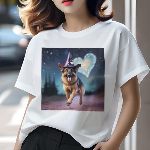Tシャツ レディース 犬ファン 半袖 春夏 プリント カジュアル かわいい 人間用 フィットネス 魔法使いの帽子 ジャーマンシェパード ハート Tシャツ レディース 犬ファン 半袖 春夏 プリント カジュアル かわいい 人間用 フィットネス 魔法使いの帽子 ジャーマンシェパード ハート